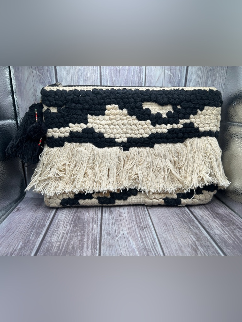 MANGO Boho Embroidered Clutch Bag Woven Cotton Macrame Fringe Black Off White - Picture 5 of 13